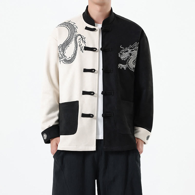 Buddha Stones Dragon Embroidery Casual Frog-button Cotton Men's Jacket Shirt Clothing