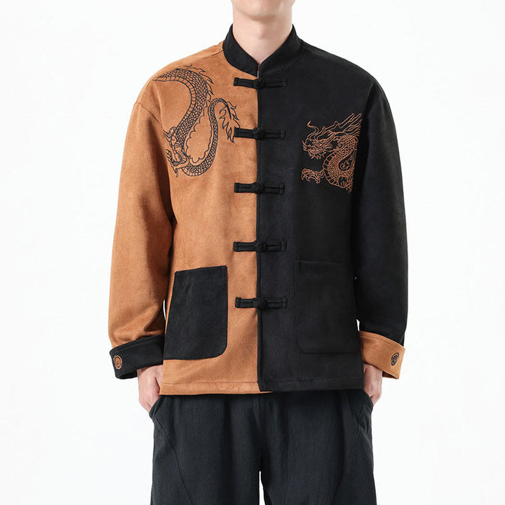 Buddha Stones Dragon Embroidery Casual Frog-button Cotton Men's Jacket Shirt Clothing