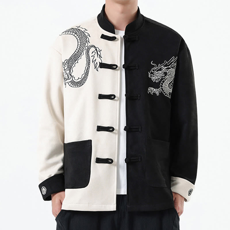 Buddha Stones Dragon Embroidery Casual Frog-button Cotton Men's Jacket Shirt Clothing