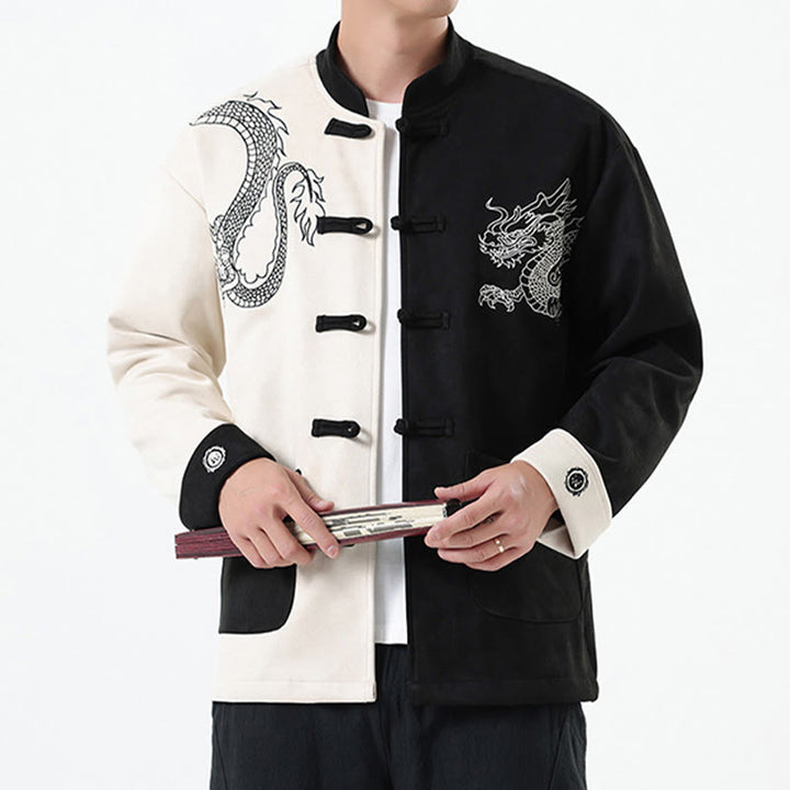 Buddha Stones Dragon Embroidery Casual Frog-button Cotton Men's Jacket Shirt Clothing