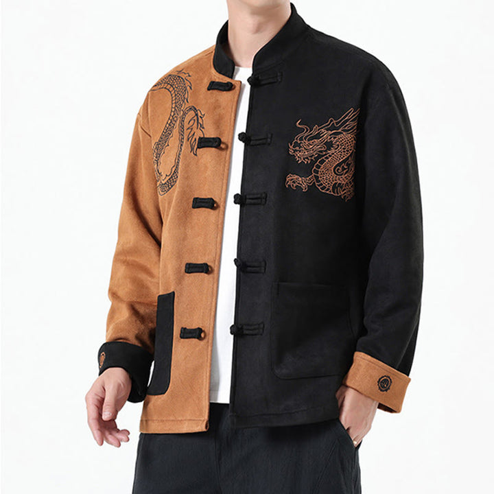 Buddha Stones Dragon Embroidery Casual Frog-button Cotton Men's Jacket Shirt Clothing