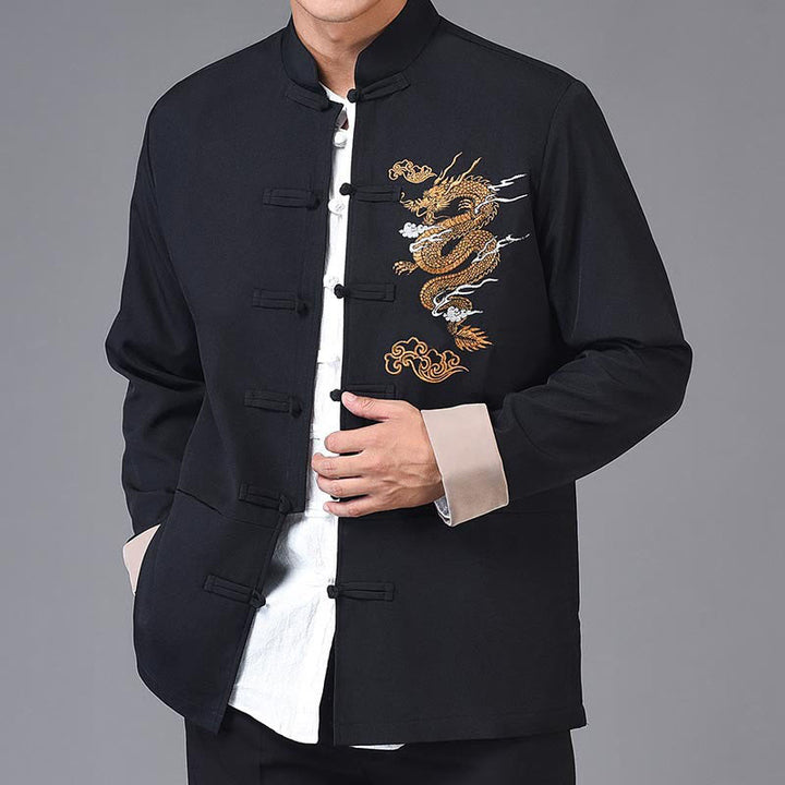 Buddha Stones Dragon Embroidery Frog-button Polyester Men's Jacket Shirt Clothing With Pockets - Black - US/UK/AU44，EU54 (4XL) - image 0