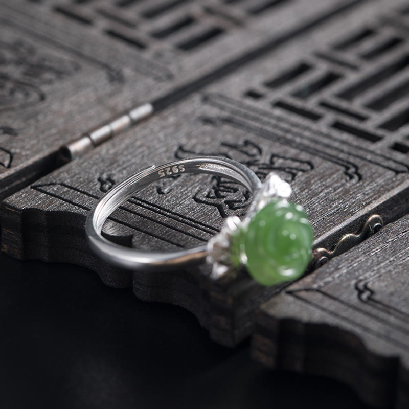 Buddha Stones 925 Sterling Silver Jade Green Rose Luck Adjustable Ring - image 1