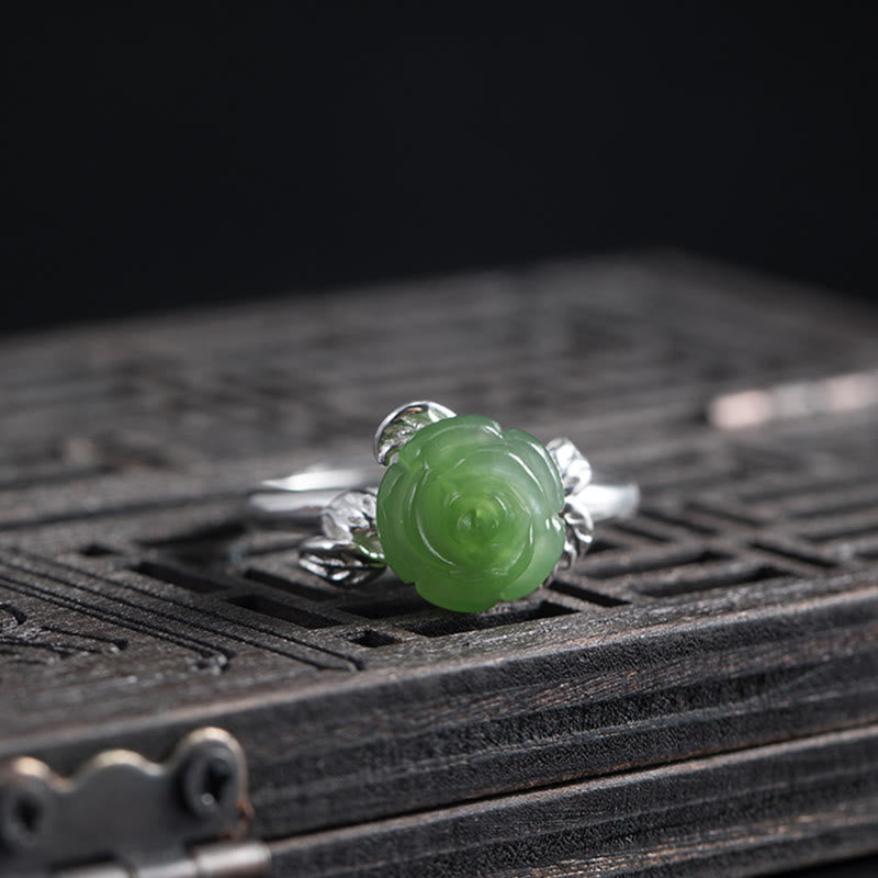 Buddha Stones 925 Sterling Silver Jade Green Rose Luck Adjustable Ring - image 2