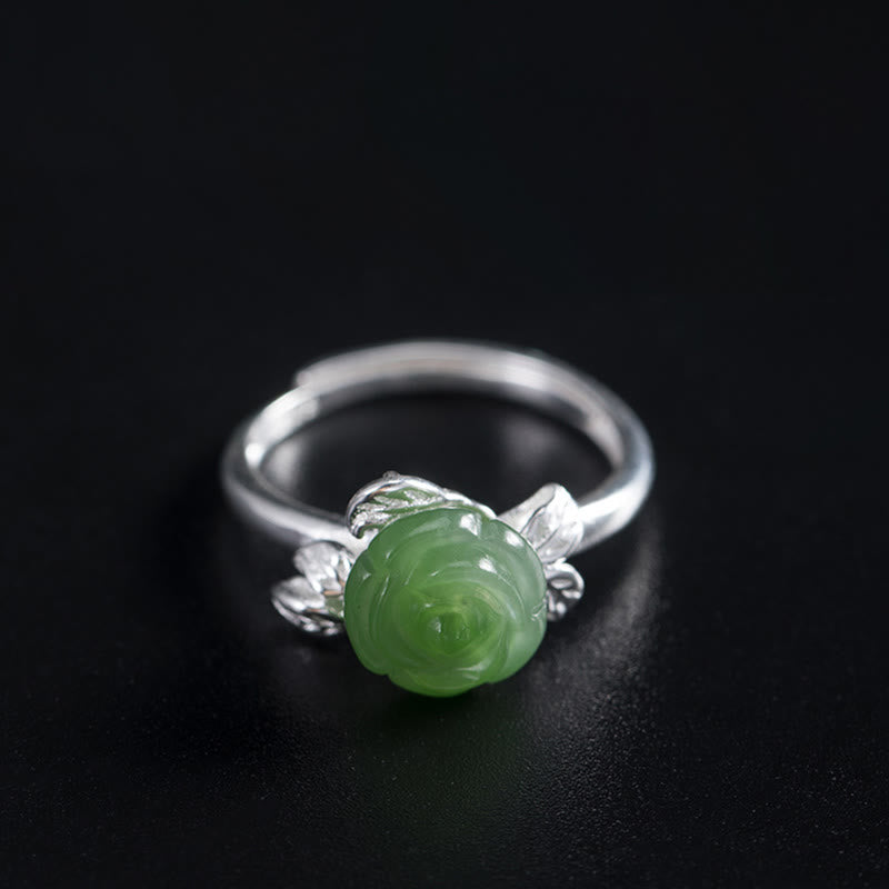 Buddha Stones 925 Sterling Silver Jade Green Rose Luck Adjustable Ring