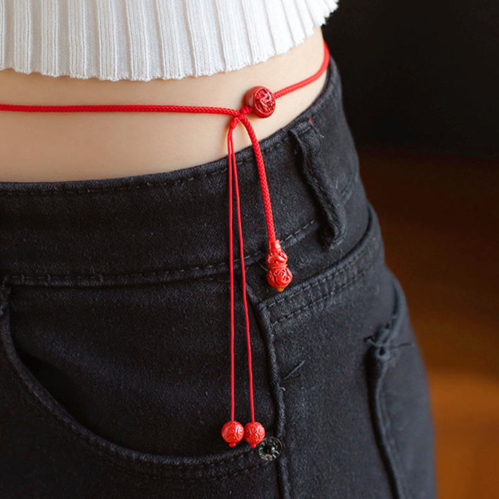 Buddha Stones Natural Cinnabar Chinese Zodiac Gourd Calm Blessing Red String Belly Chain