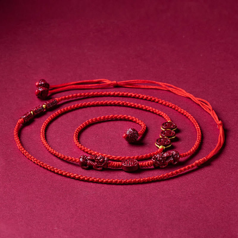 Buddha Stones Natural Cinnabar PiXiu Calm Blessing Red String Belly Chain