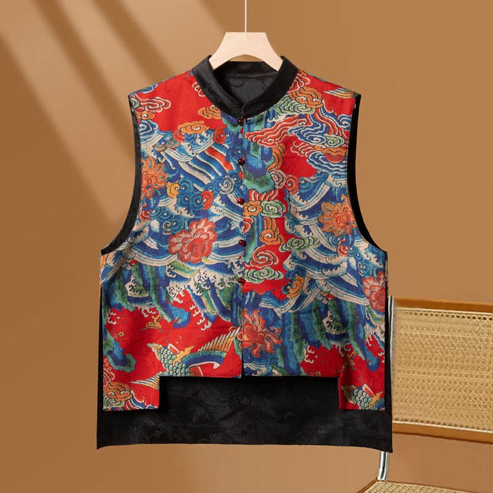 Buddha Stones Vintage Embroidery Flower Cloud Pattern Vest - Red - US16，UK/AU20，EU48 (5XL) - image 0