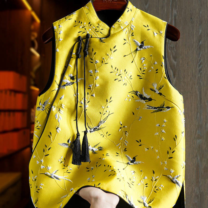Buddha Stones Vintage Embroidery Crane Plants Pattern Knot Button Vest - Yellow - US12，UK/AU16，EU44 (3XL) - image 0