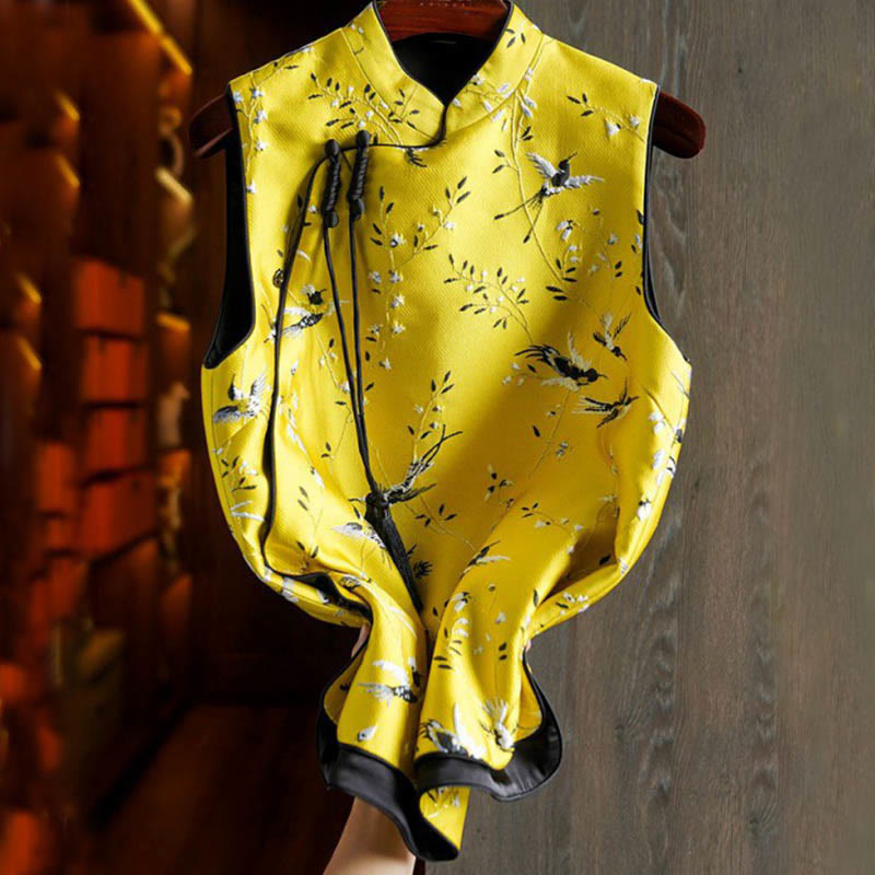 Buddha Stones Vintage Embroidery Crane Plants Pattern Knot Button Vest - image 1