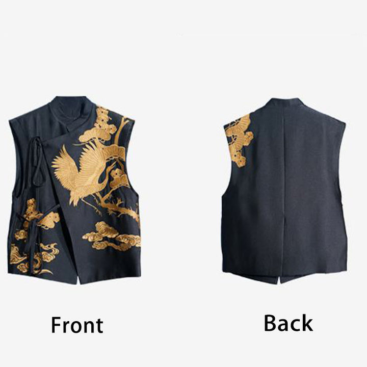 Buddha Stones Vintage Embroidery Golden Crane Cloud Pattern Vest - image 4