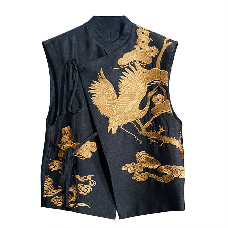 Buddha Stones Vintage Embroidery Golden Crane Cloud Pattern Vest