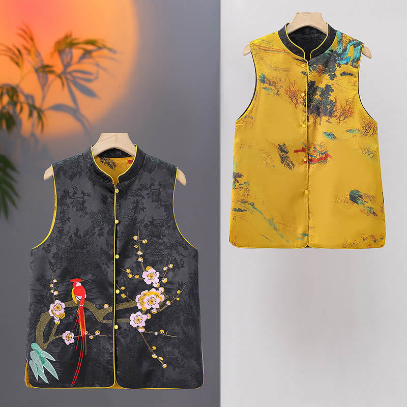 Buddha Stones Vintage Embroidery Plum Blossom Pattern Double-Sided Wear Vest