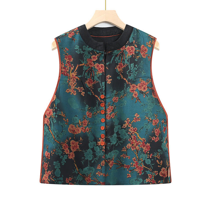 Buddha Stones Vintage Embroidery Jacquard Weave Flower Pattern Vest - Blue - US16，UK/AU20，EU48 (5XL) - image 8