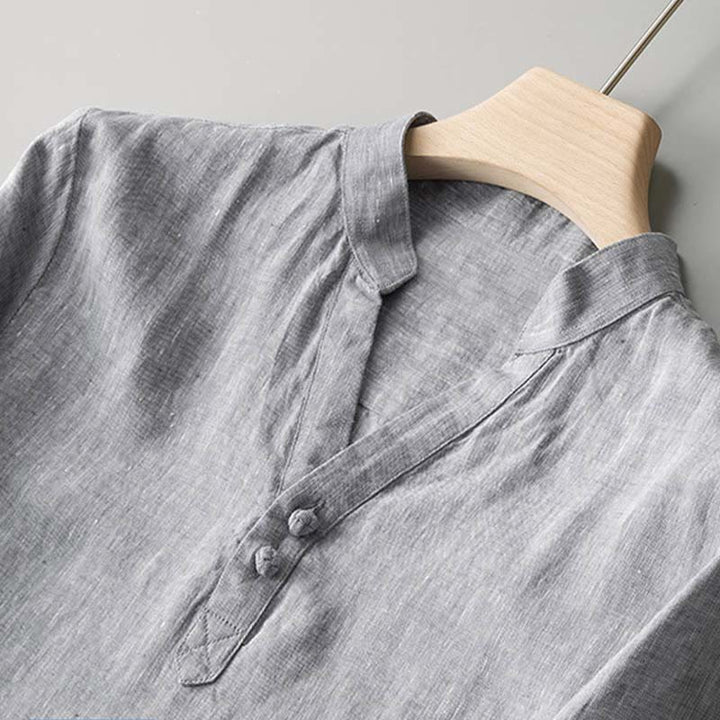 Buddha Stones Knot Button Pure Color Cotton Linen Pullover Shirt