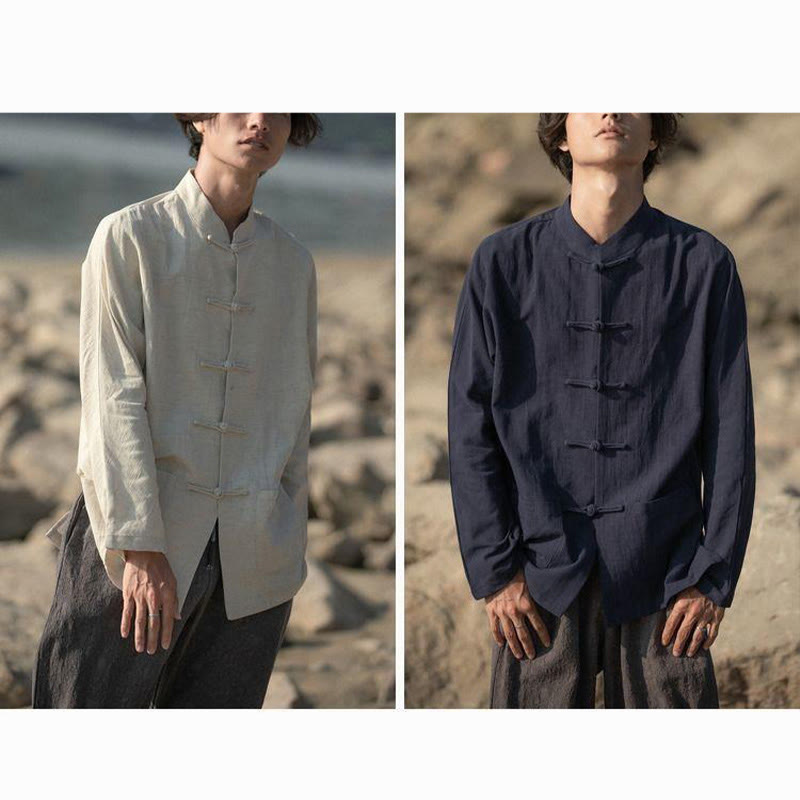 Buddha Stones Stand Collar Tang Suit Casual Cotton Linen Shirt