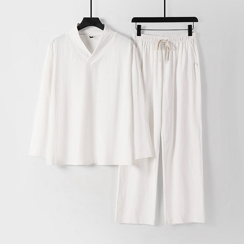 Buddha Stones Cross-Collars Cotton Tang Suit Hanfu Top Pants Clothing Men's Set - White - US/UK/AU54，EU64 (9XL) - image 16