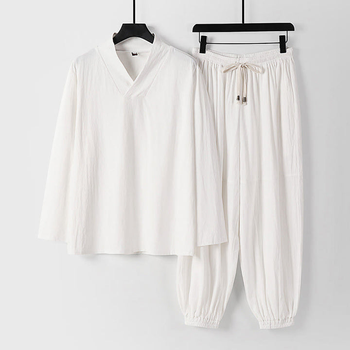 Buddha Stones Cross-Collars Cropped Bloomers Cotton Tang Suit Hanfu Top Pants Clothing Men's Set - White - US/UK/AU54，EU64 (9XL) - image 16