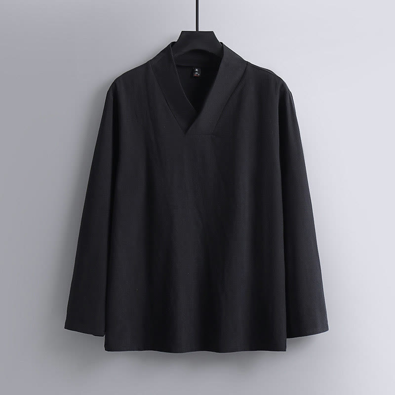 Buddha Stones Cross-Collars Cropped Bloomers Cotton Tang Suit Hanfu Top Pants Clothing Men's Set - image 10