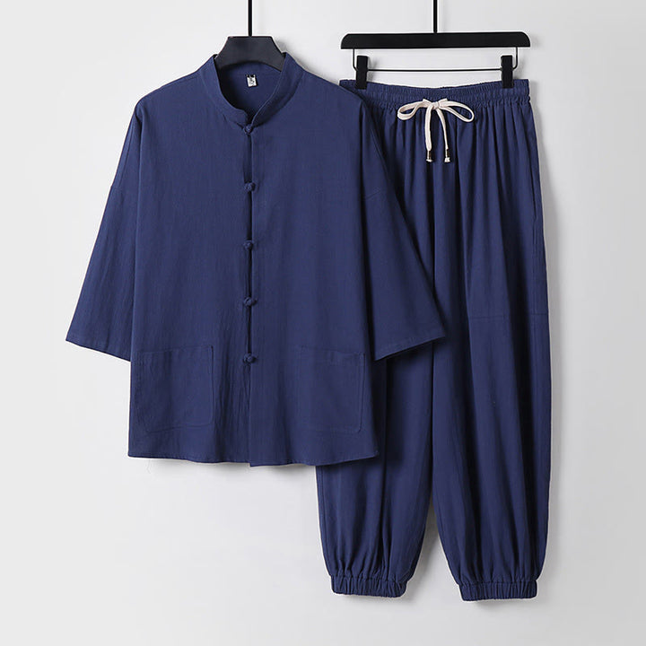 Buddha Stones Three-Quarter Sleeves Cropped Bloomers Cotton Top Pants Clothing Men's Set - DarkSlateBlue - US/UK/AU50，EU60 (7XL) - image 8