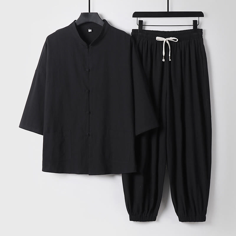 Buddha Stones Three-Quarter Sleeves Cropped Bloomers Cotton Top Pants Clothing Men's Set - Black - US/UK/AU50，EU60 (7XL) - image 4