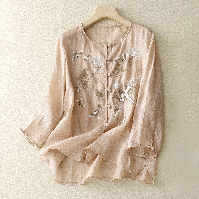 Buddha Stones Round Neck Casual Blouse Embroidery Long Sleeve Shirt Cotton Linen Top Women's Shirts - Moccasin - US/UK/AU40，EU50 (2XL) - image 0