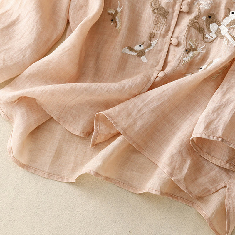 Buddha Stones Round Neck Casual Blouse Embroidery Long Sleeve Shirt Cotton Linen Top Women's Shirts - image 3