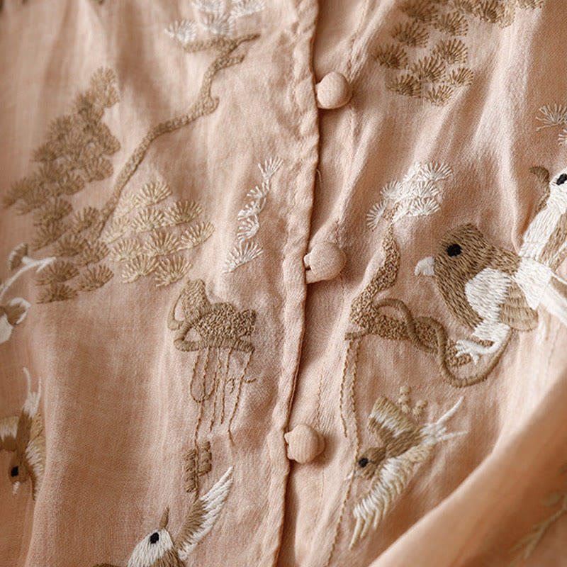 Buddha Stones Round Neck Casual Blouse Embroidery Long Sleeve Shirt Cotton Linen Top Women's Shirts - image 1