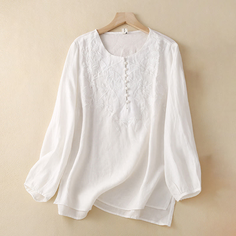 Buddha Stones Casual Embroidery Flower Round Neck Long Sleeve Cotton Linen Top Women's Shirts - White - US/UK/AU40，EU50 (2XL) - image 18
