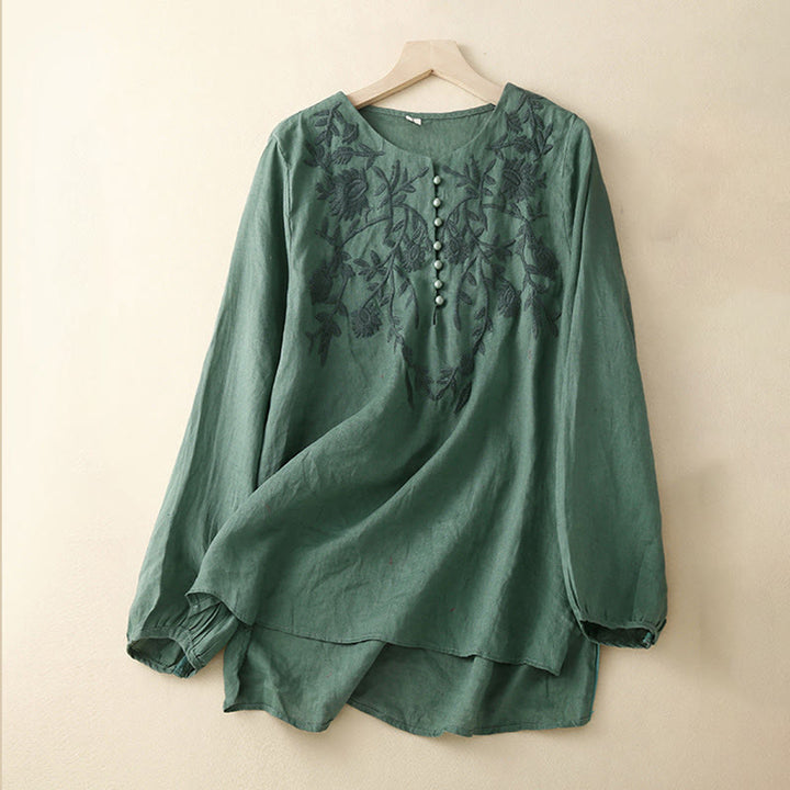 Buddha Stones Casual Embroidery Flower Round Neck Long Sleeve Cotton Linen Top Women's Shirts