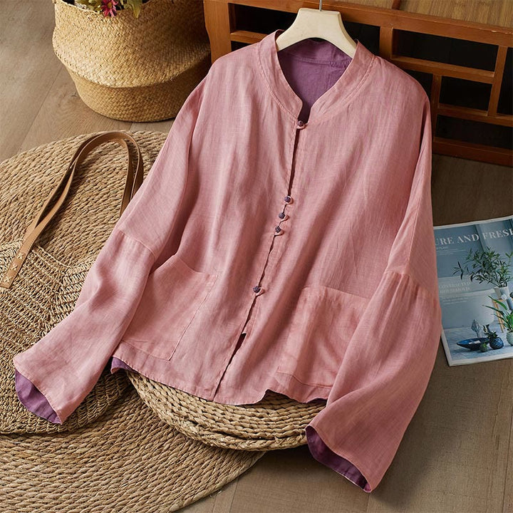 Buddha Stones PLUS SIZE V Neck Casual Solid Color Long Sleeve Shirt Cotton Linen Women's Shirts