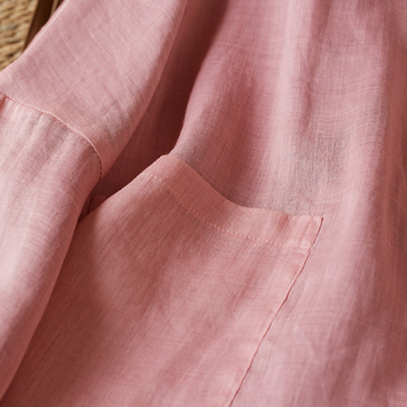 Buddha Stones PLUS SIZE V Neck Casual Solid Color Long Sleeve Shirt Cotton Linen Women's Shirts - image 16