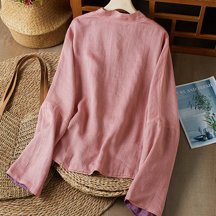 Buddha Stones PLUS SIZE V Neck Casual Solid Color Long Sleeve Shirt Cotton Linen Women's Shirts