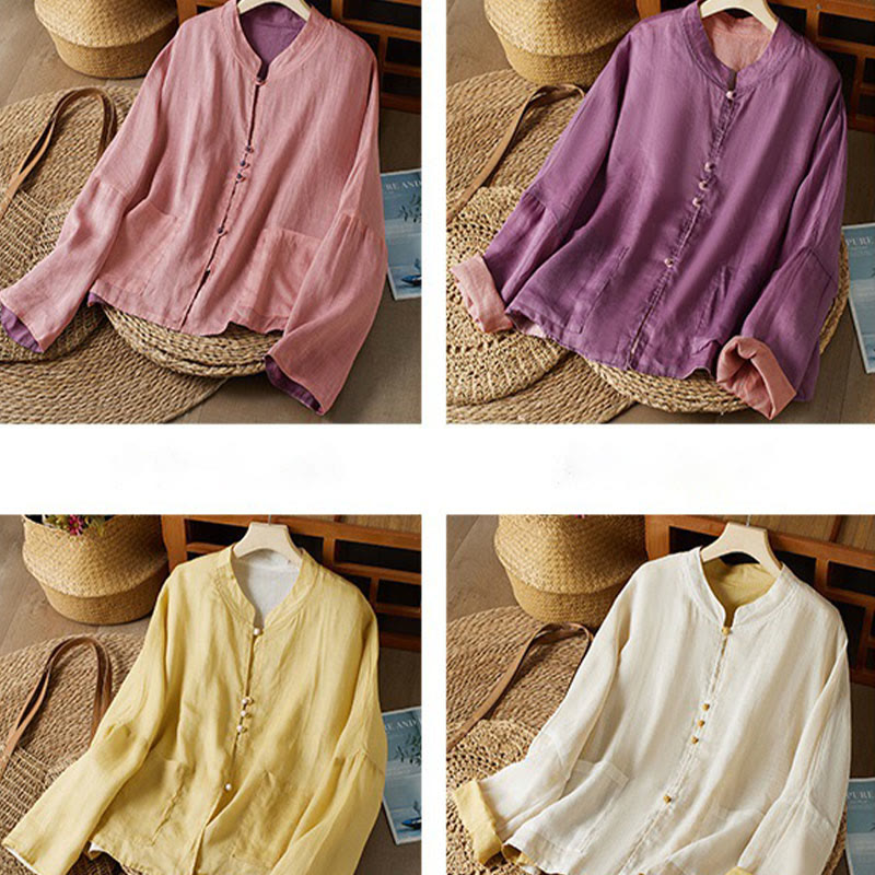 Buddha Stones PLUS SIZE V Neck Casual Solid Color Long Sleeve Shirt Cotton Linen Women's Shirts