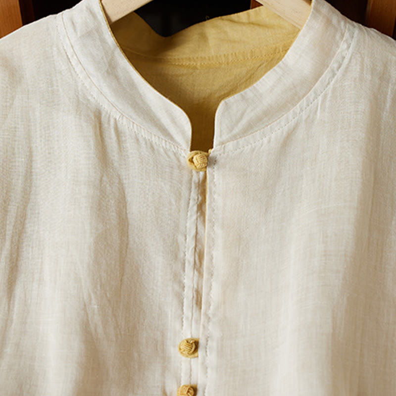 Buddha Stones PLUS SIZE V Neck Casual Solid Color Long Sleeve Shirt Cotton Linen Women's Shirts