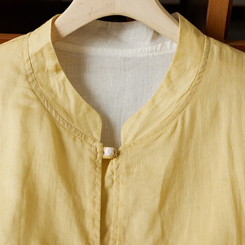 Buddha Stones PLUS SIZE V Neck Casual Solid Color Long Sleeve Shirt Cotton Linen Women's Shirts