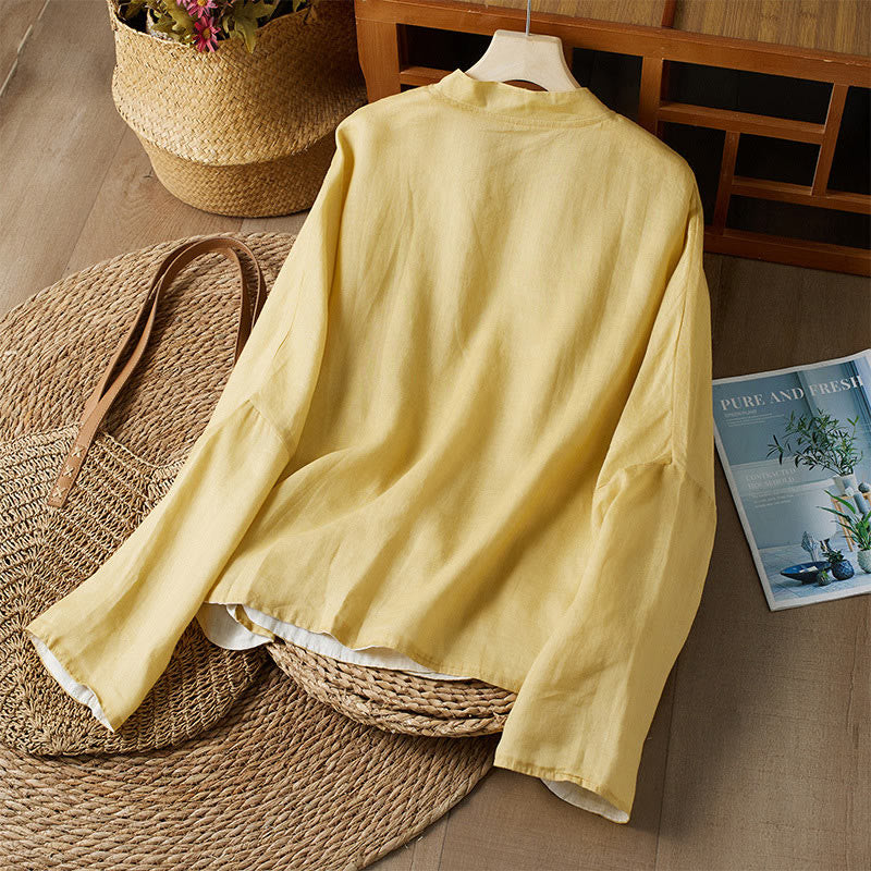 Buddha Stones PLUS SIZE V Neck Casual Solid Color Long Sleeve Shirt Cotton Linen Women's Shirts
