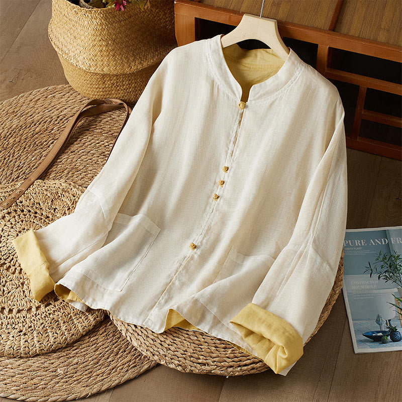 Buddha Stones PLUS SIZE V Neck Casual Solid Color Long Sleeve Shirt Cotton Linen Women's Shirts