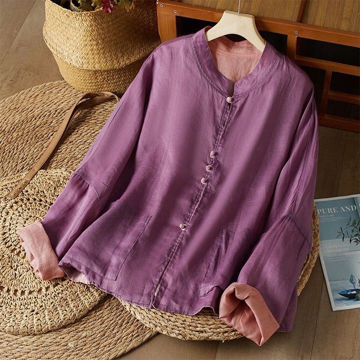 Buddha Stones PLUS SIZE V Neck Casual Solid Color Long Sleeve Shirt Cotton Linen Women's Shirts