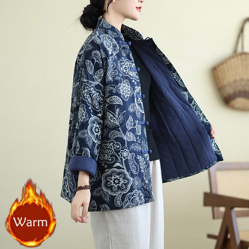 Buddha Stones Winter Blue And White Flowers Warm Frog Button Design Long Sleeve Cotton Jacket