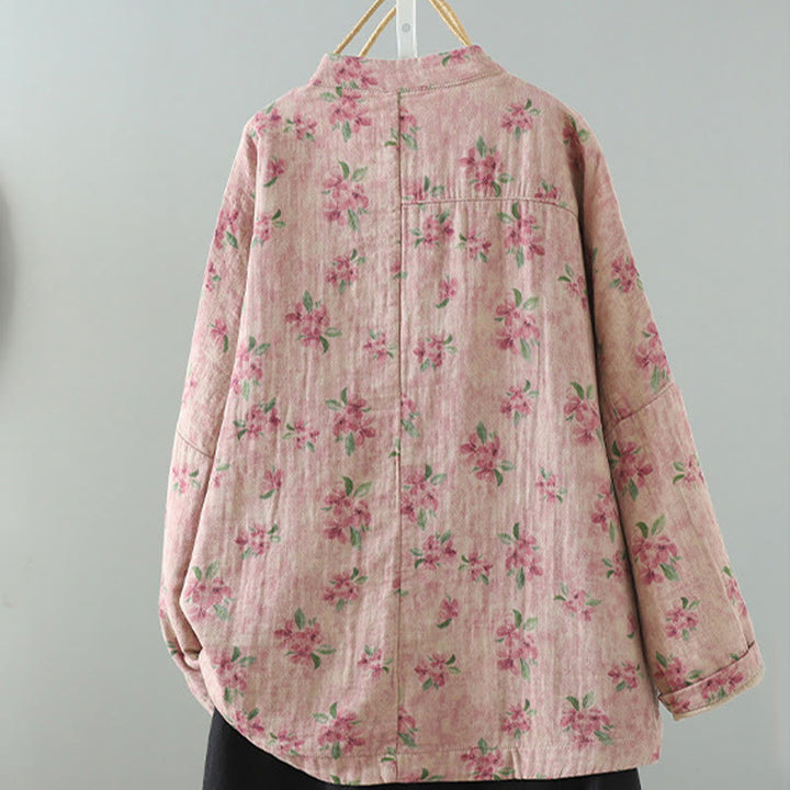 Buddha Stones Casual Frog-button Stand Collar Flower Cotton Linen Women's Jacket Shirts Clothing