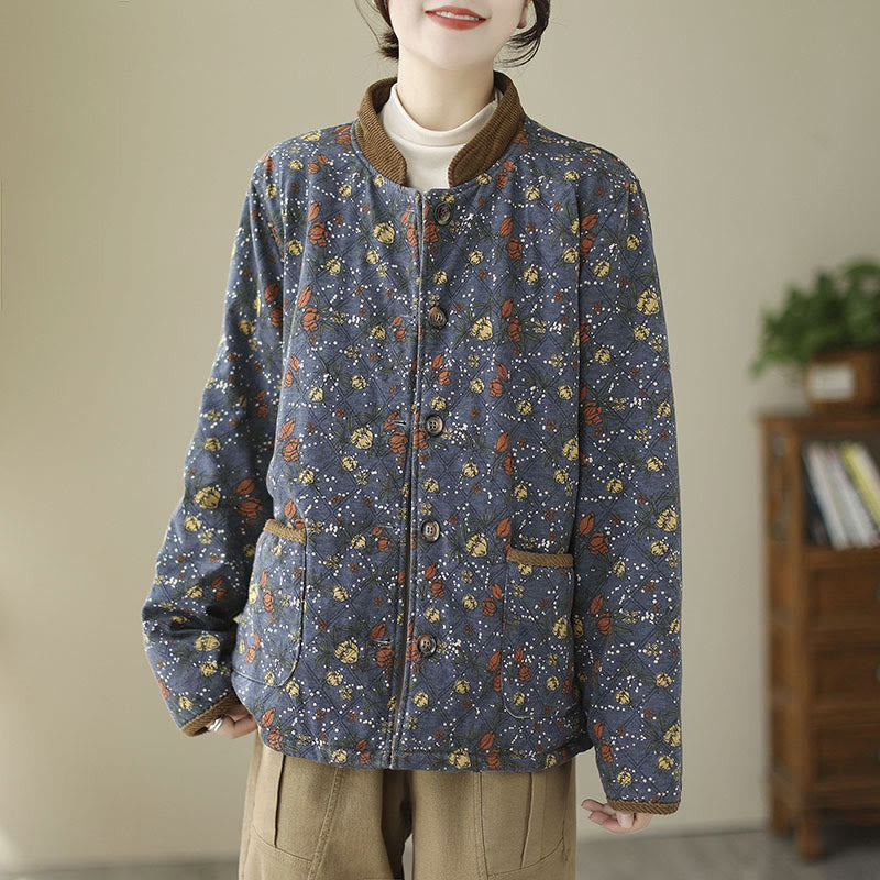 Buddha Stones Winter Floral Plaid Warm Long Sleeve Cotton Jacket With Pockets