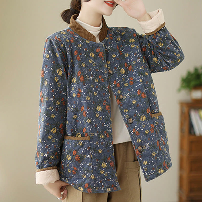 Buddha Stones Winter Floral Plaid Warm Long Sleeve Cotton Jacket With Pockets