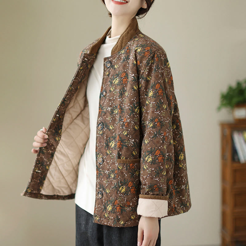 Buddha Stones Winter Floral Plaid Warm Long Sleeve Cotton Jacket With Pockets