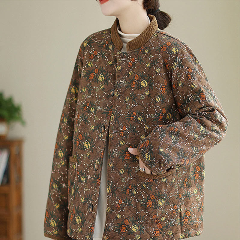 Buddha Stones Winter Floral Plaid Warm Long Sleeve Cotton Jacket With Pockets