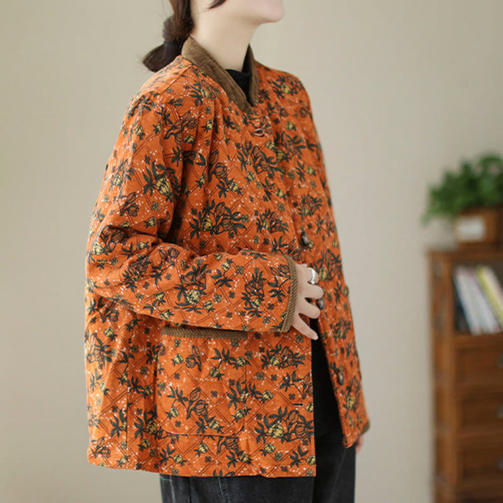 Buddha Stones Winter Floral Plaid Warm Long Sleeve Cotton Jacket With Pockets