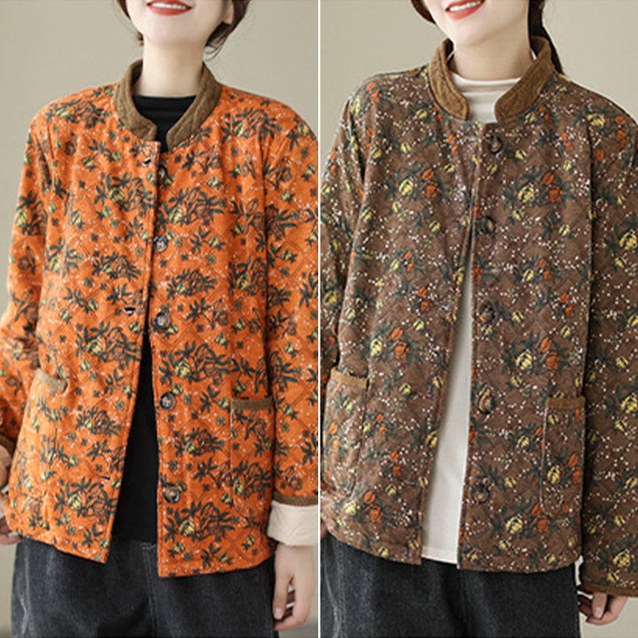 Buddha Stones Winter Floral Plaid Warm Long Sleeve Cotton Jacket With Pockets