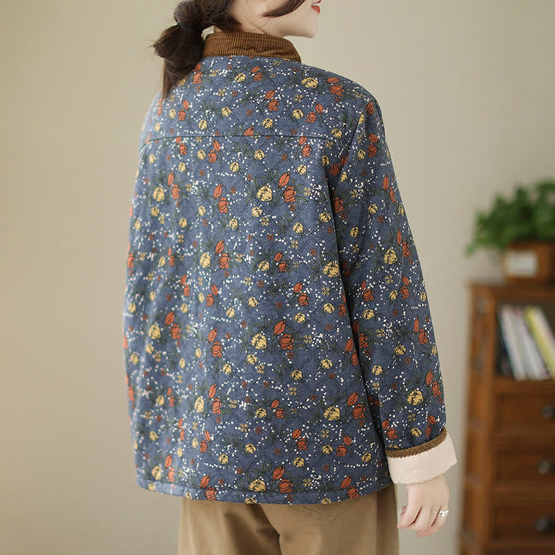 Buddha Stones Winter Floral Plaid Warm Long Sleeve Cotton Jacket With Pockets