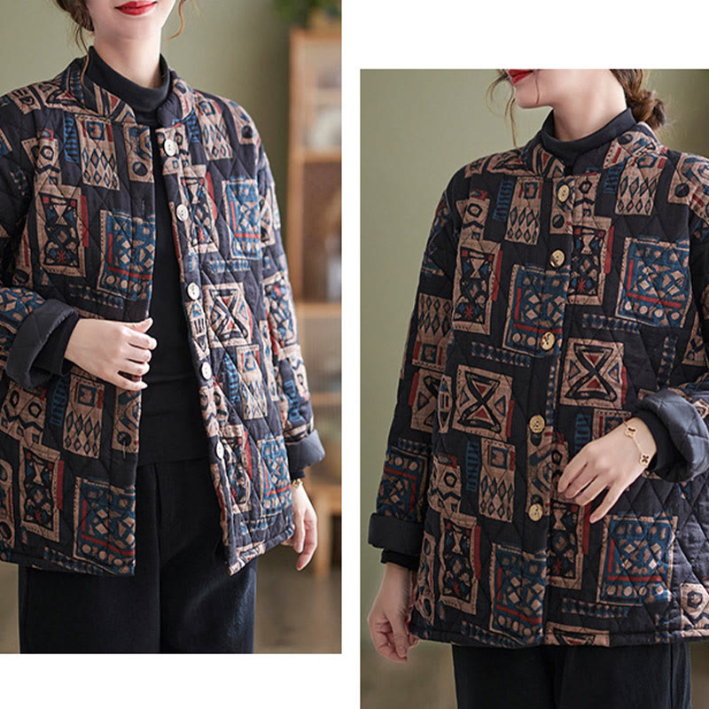 Buddha Stones Winter Square Plaid Warm Long Sleeve Cotton Jacket With Pockets