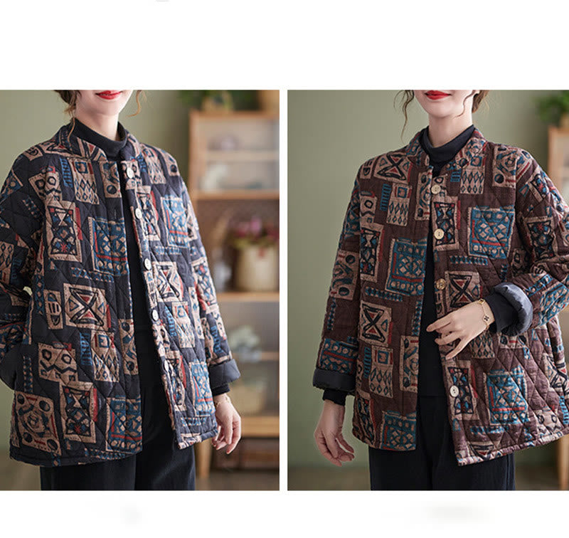 Buddha Stones Winter Square Plaid Warm Long Sleeve Cotton Jacket With Pockets